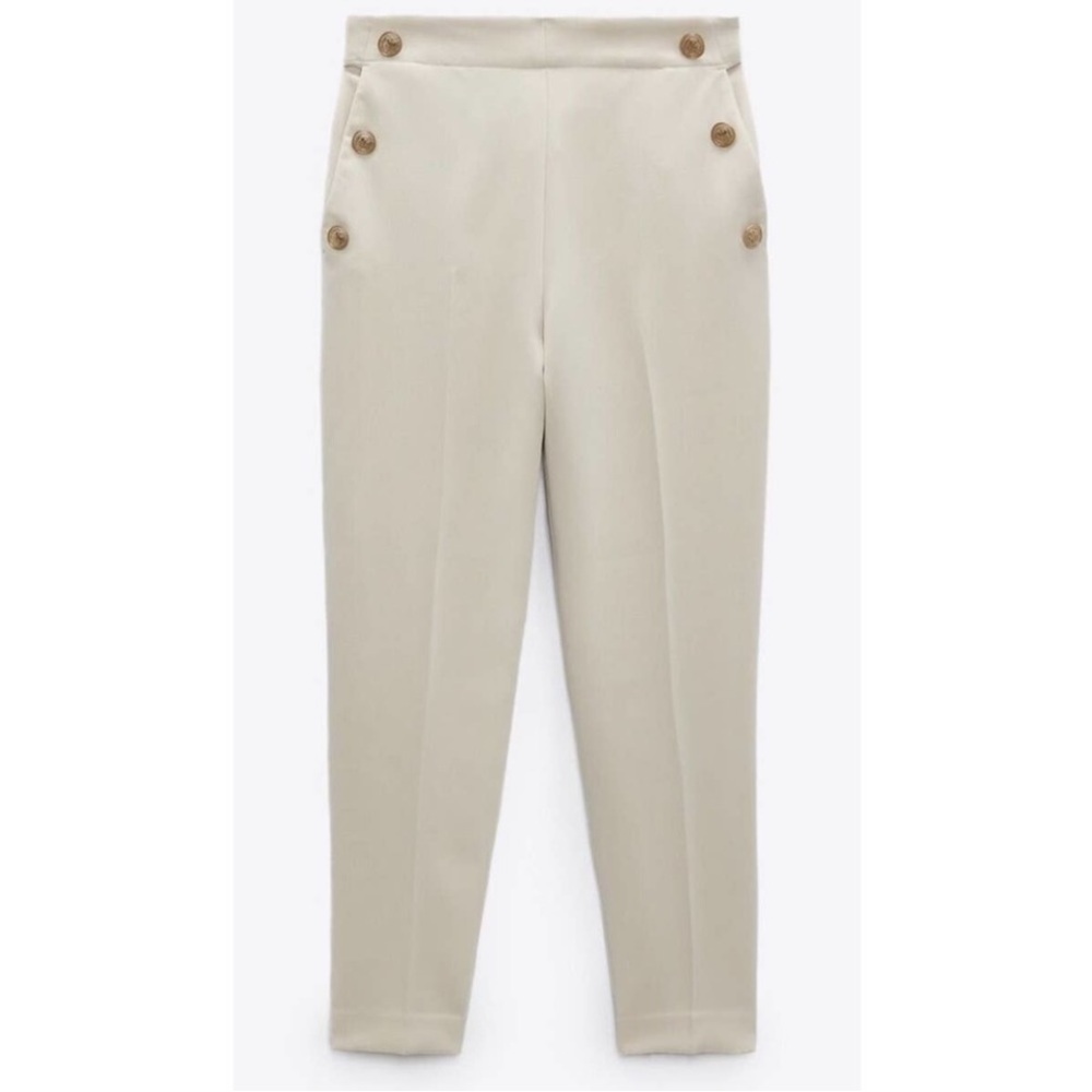 🆕 Zara Cream Straight Leg Pant with Gold Button detail.